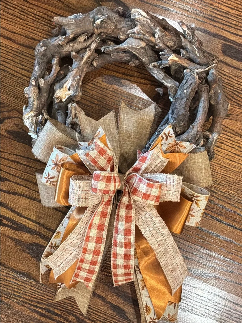 Autumn Rustic Grapevine Wreath with Orange Plaid Bow